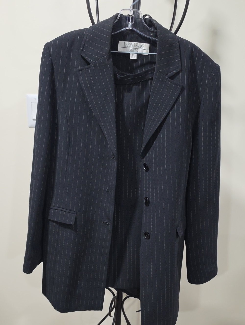 Larry Levine Navy Pinstripe Suit Jacket Blazer And Lined Skirt.